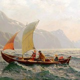 Пейзаж с фьордом и семьей, плывущей в лодке
