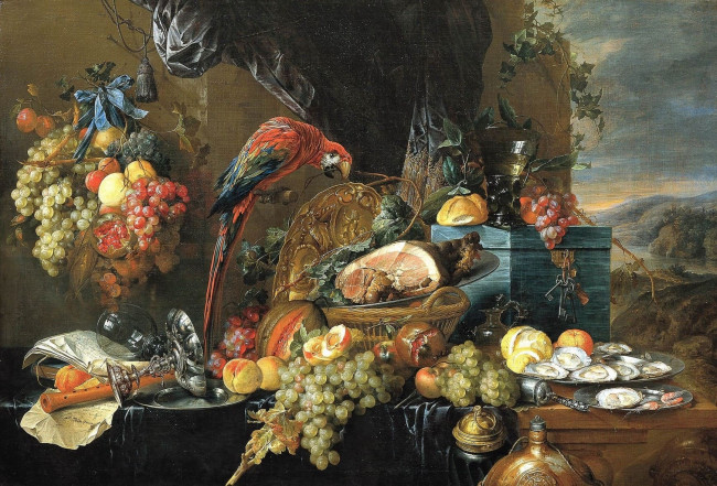 «Роскошный натюрморт с попугаем», Ян Давидс де Хем — описание картины