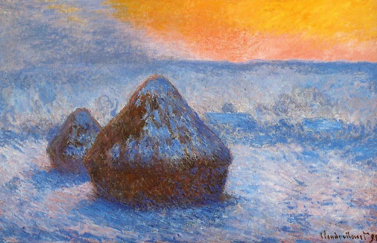 «Стога сена на закате, эффект снега», Клод Моне — описание картины